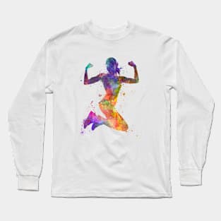 Woman runner jogger jumping powerful Long Sleeve T-Shirt